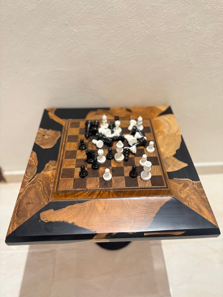 Chess table made of teak wood and black epoxy and laser engraving 46 cm × 46 cm height 50 cm
