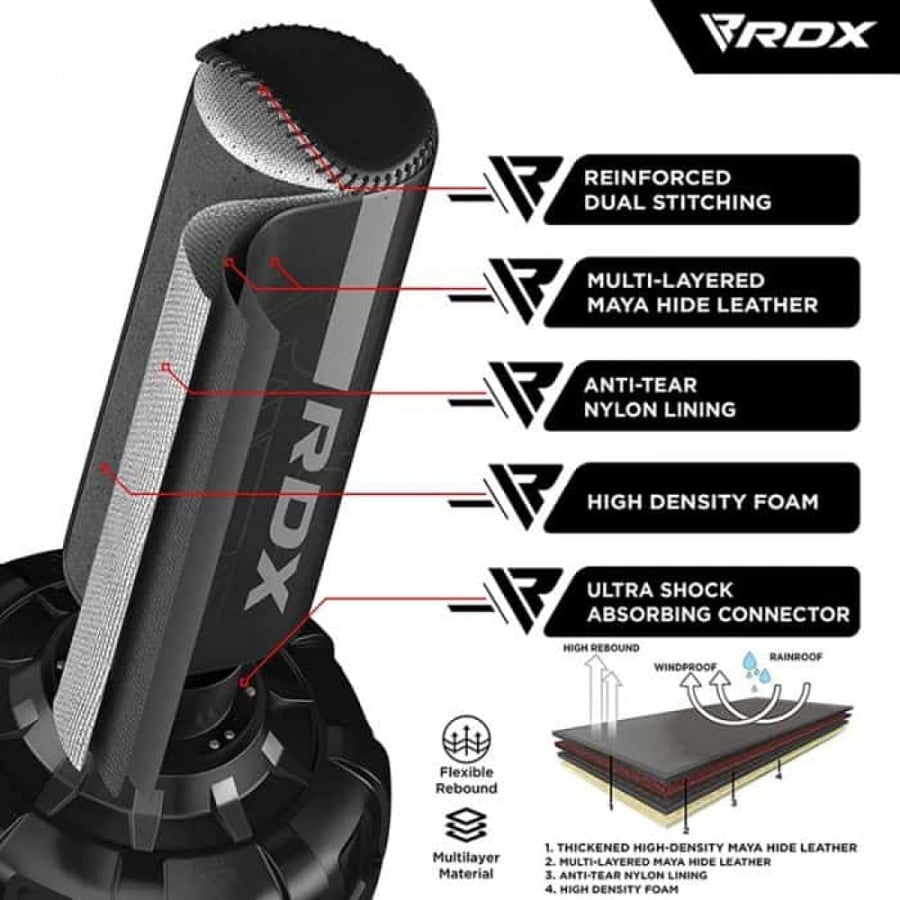 حقيبة ملاكمة بقاعدة قائمة بذاتها F6 Kara  من RDX باللون الأسود بطول 6 أقدام مع قفازات