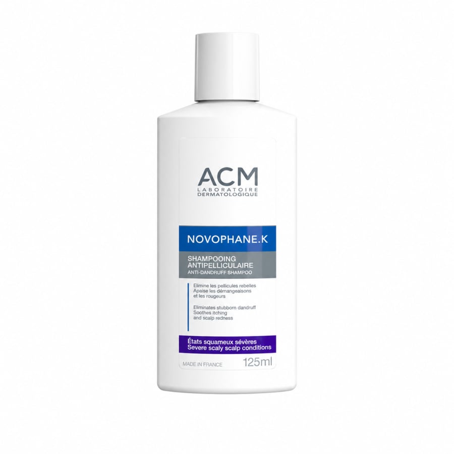 ACM Novophane K severe dandruff shampoo 125 ml on white background