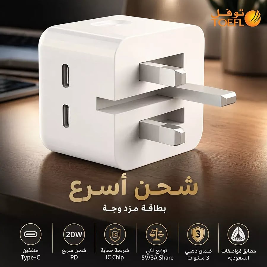 شاحن جداري توفل 20 واط بمنفذين Type-C للشحن السريع (ضمان 3 سنوات)