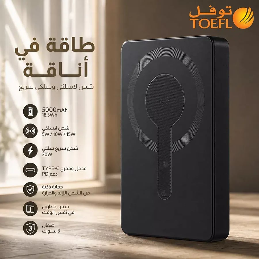 شاحن متنقل باور بانك توفل (TOEFL) المغناطيسي ماك سيف - سعة 10000 مللي أمبير - شحن سريع 20 واط