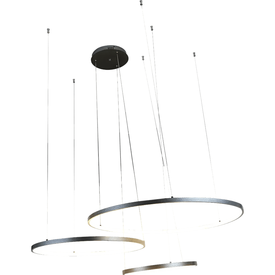 Modern chandelier with 3 silver rings, yellow lighting color, 75 watts