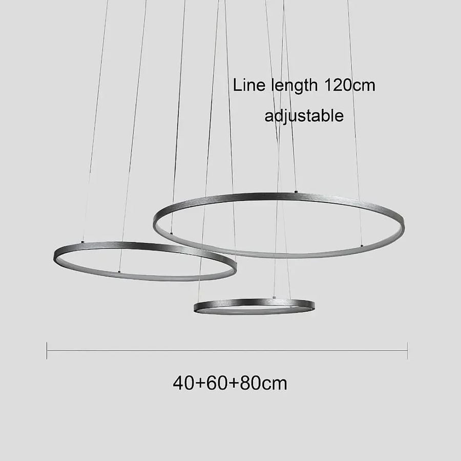 Modern chandelier with 3 silver rings, yellow lighting color, 75 watts