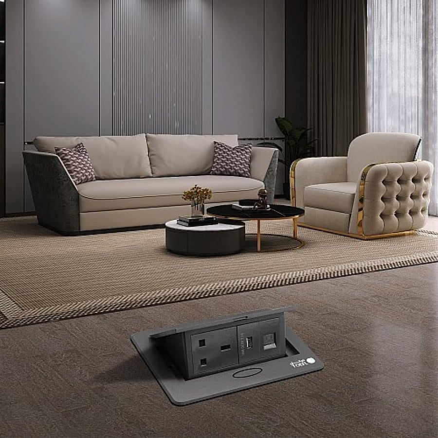 2 فيش ارضي دفن ثلاثي USB + TYPE-C لون اسود حجري