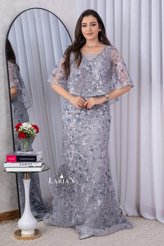 Evening dress gray embroidered with colorful threads - Laryan Store
