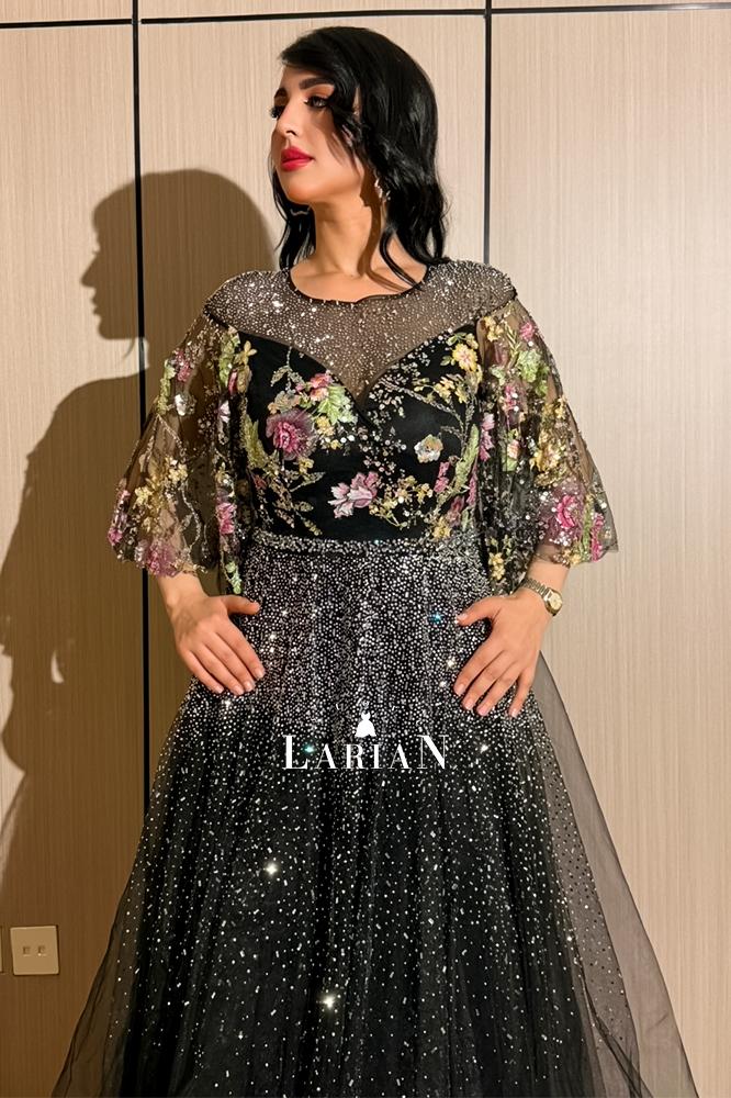 Evening dress black mixed with attractive flowers and scattered rhinestones - Laryan Store - Laryan Store