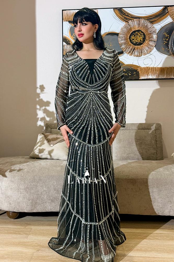 Evening dress black decorated with crystals and pearls - Laryan Store