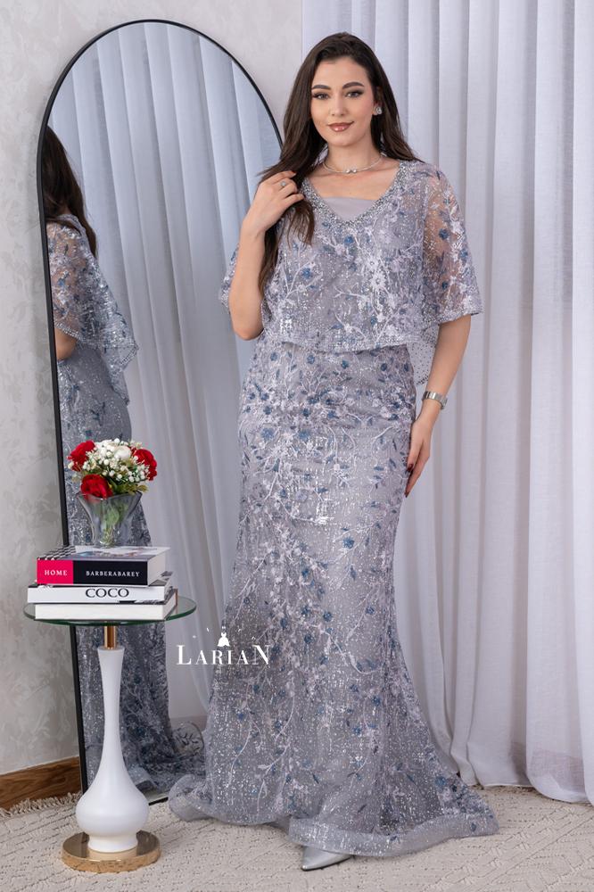 Evening dress gray embroidered with colorful threads - Laryan Store