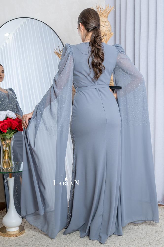 A gray dress embroidered with rhinestones, long sleeves - Laryan Store