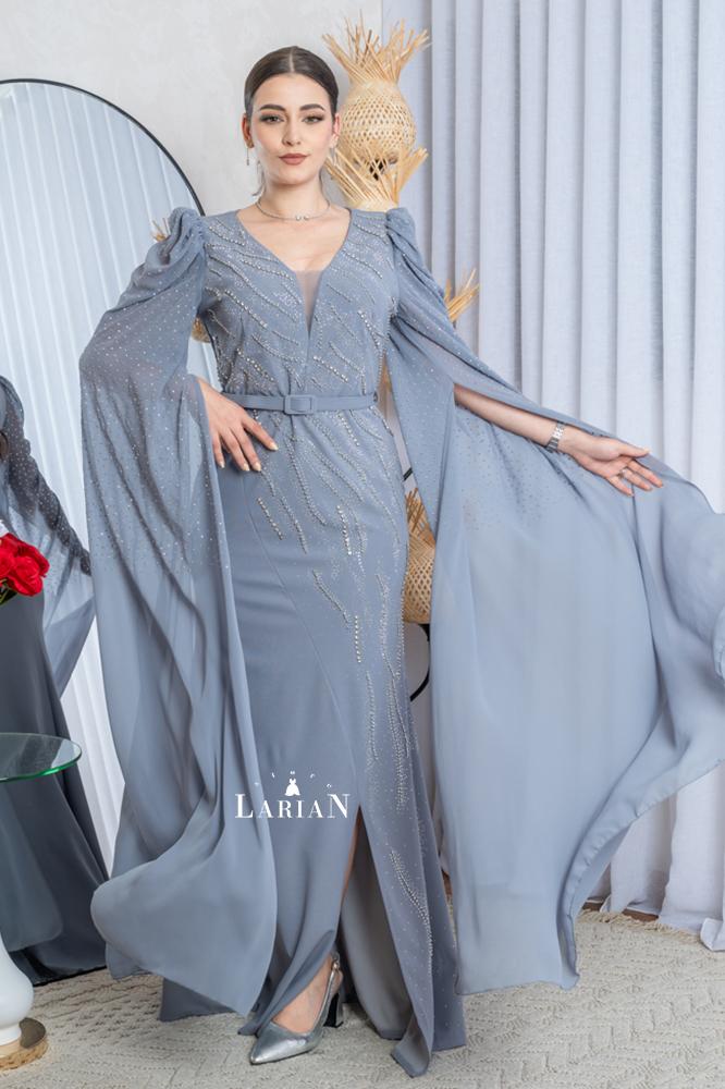 A gray dress embroidered with rhinestones, long sleeves - Laryan Store