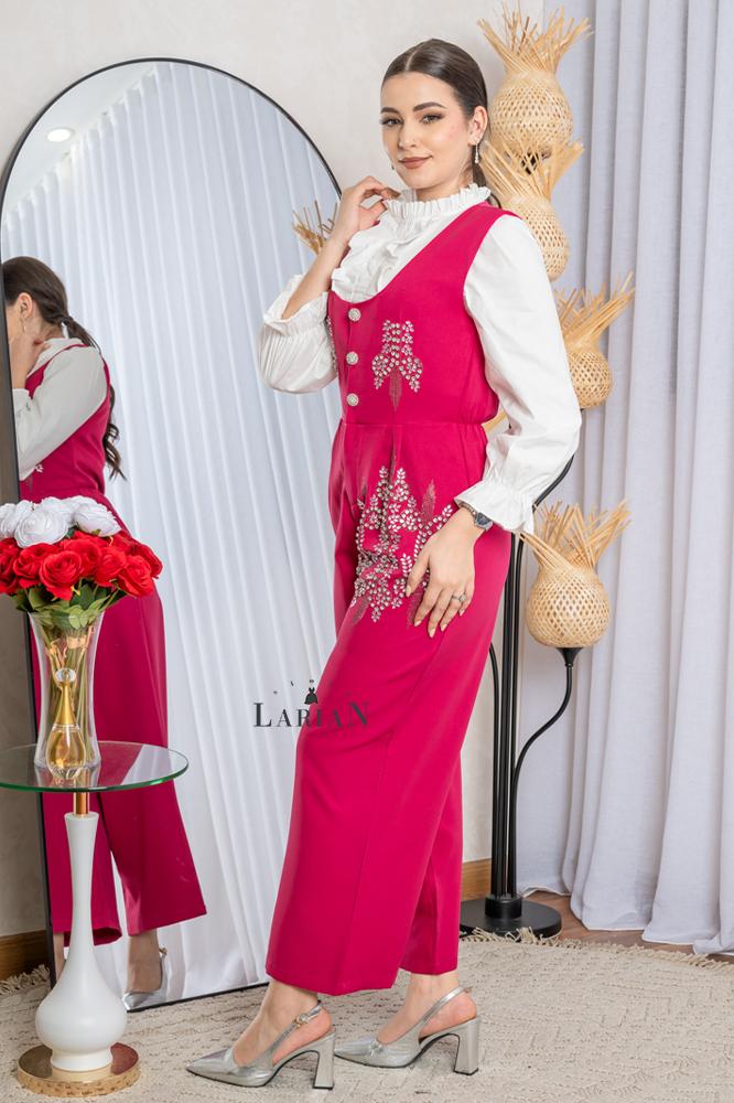 Fuchsia jumpsuit adorned with elegant rhinestones - Laryan Store