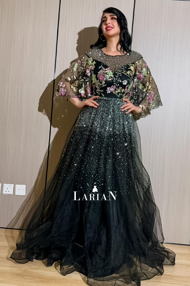 Evening dress black mixed with attractive flowers and scattered rhinestones - Laryan Store - Laryan Store