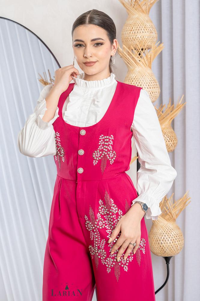 Fuchsia jumpsuit adorned with elegant rhinestones - Laryan Store