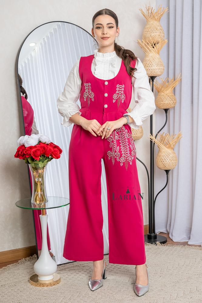 Fuchsia jumpsuit adorned with elegant rhinestones - Laryan Store