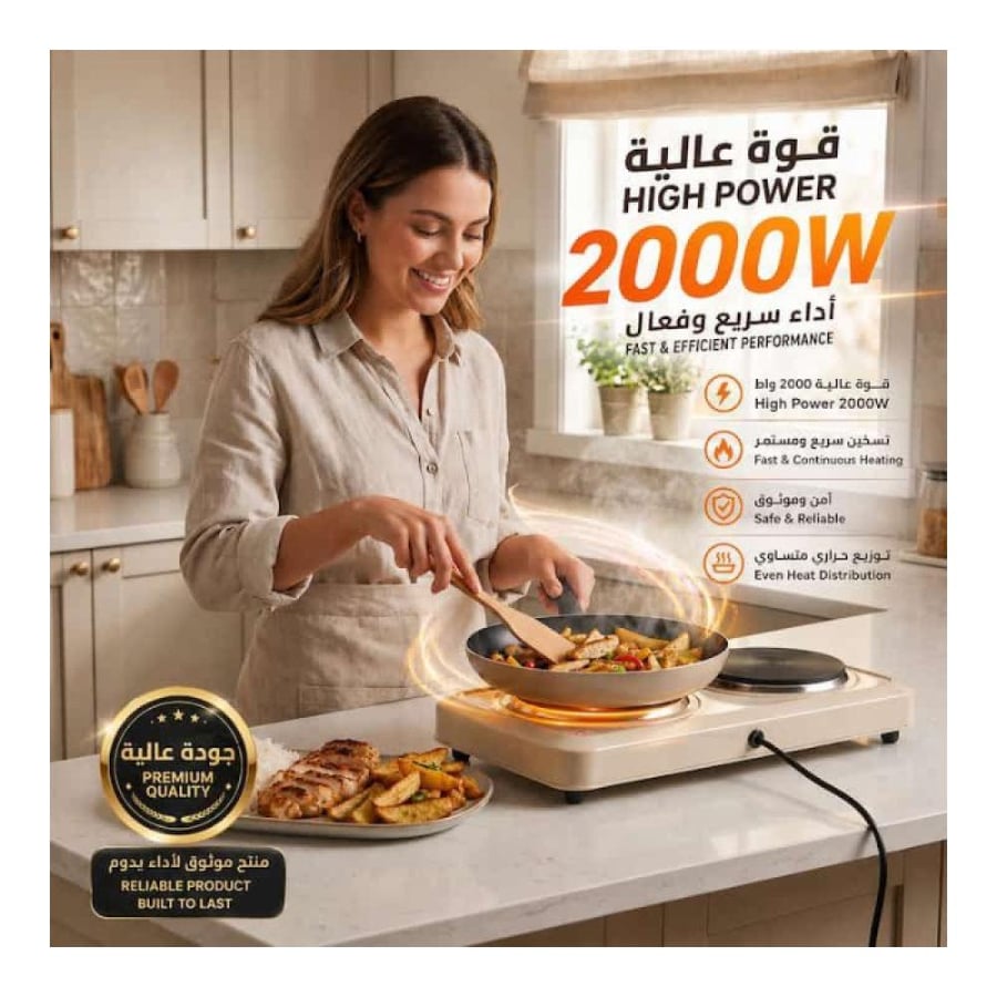 موقد كهربائي صاج 2 شعلة ريبون 2000 واط – بيج