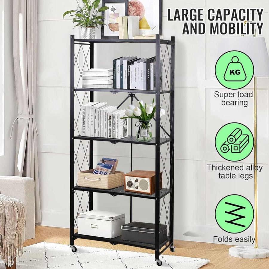 Black storage rack with 5 adjustable multi-purpose layers