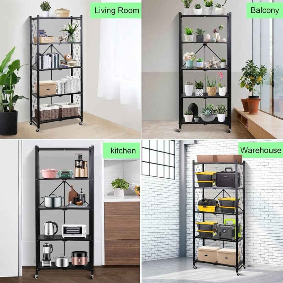 Black storage rack with 5 adjustable multi-purpose layers
