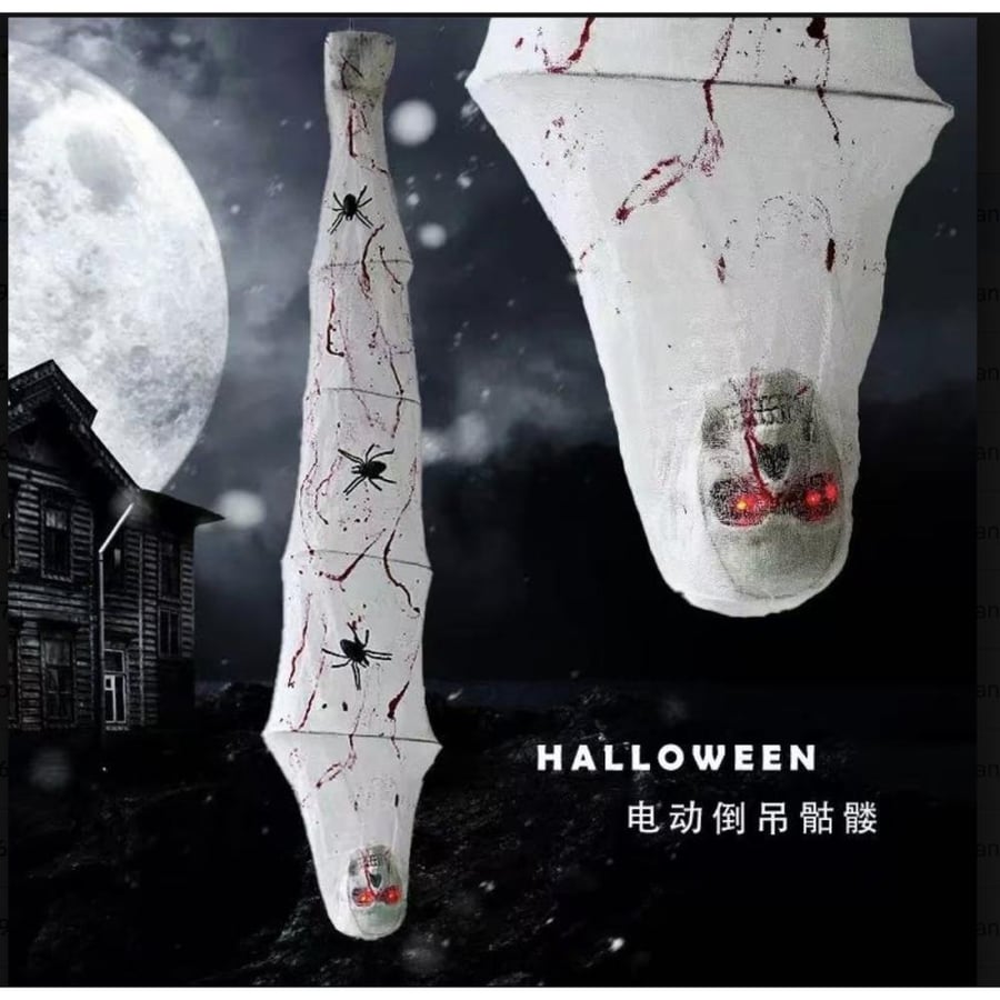 Party Prop Hanging Skeleton in Web Cocoon, Motion Sensor