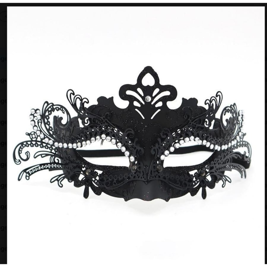 Black Metal Filigree Eye Mask with Clear Rhinestones