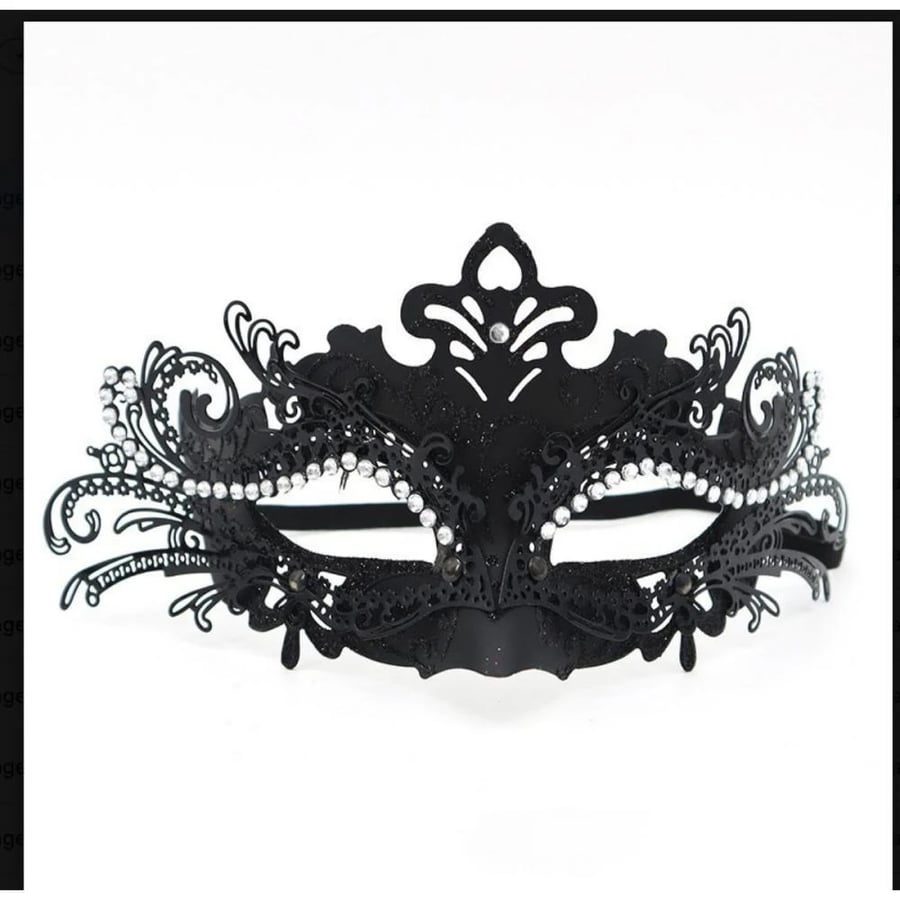 Black Metal Filigree Eye Mask with Clear Rhinestones
