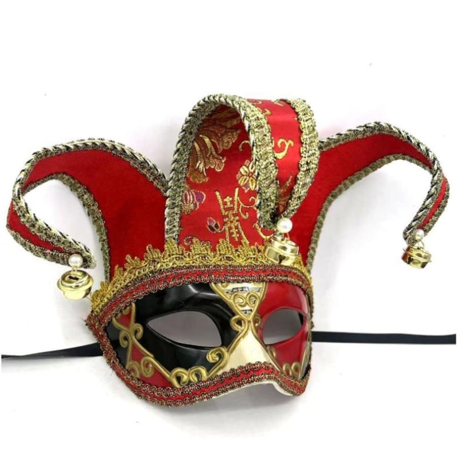 Jester Eye Mask with Bells, Red and Gold Carnival Style