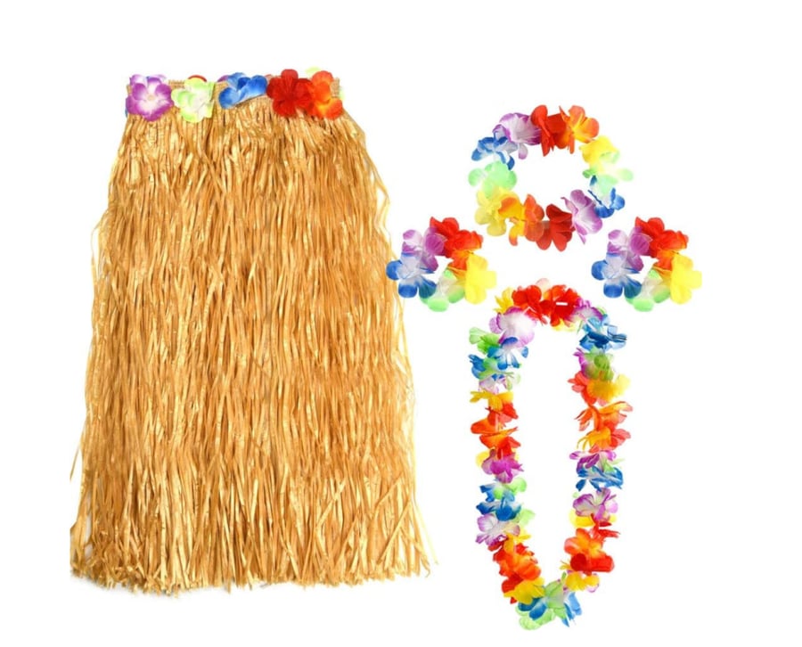 لبس تنكري هاواي 5 قطع - هولا لون أخضر عشبي، تنورة طول 60 سم Hula Skirt