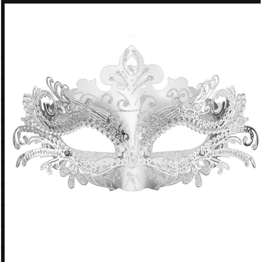 Metal Filigree Eye Mask, White & Silver with Crystals