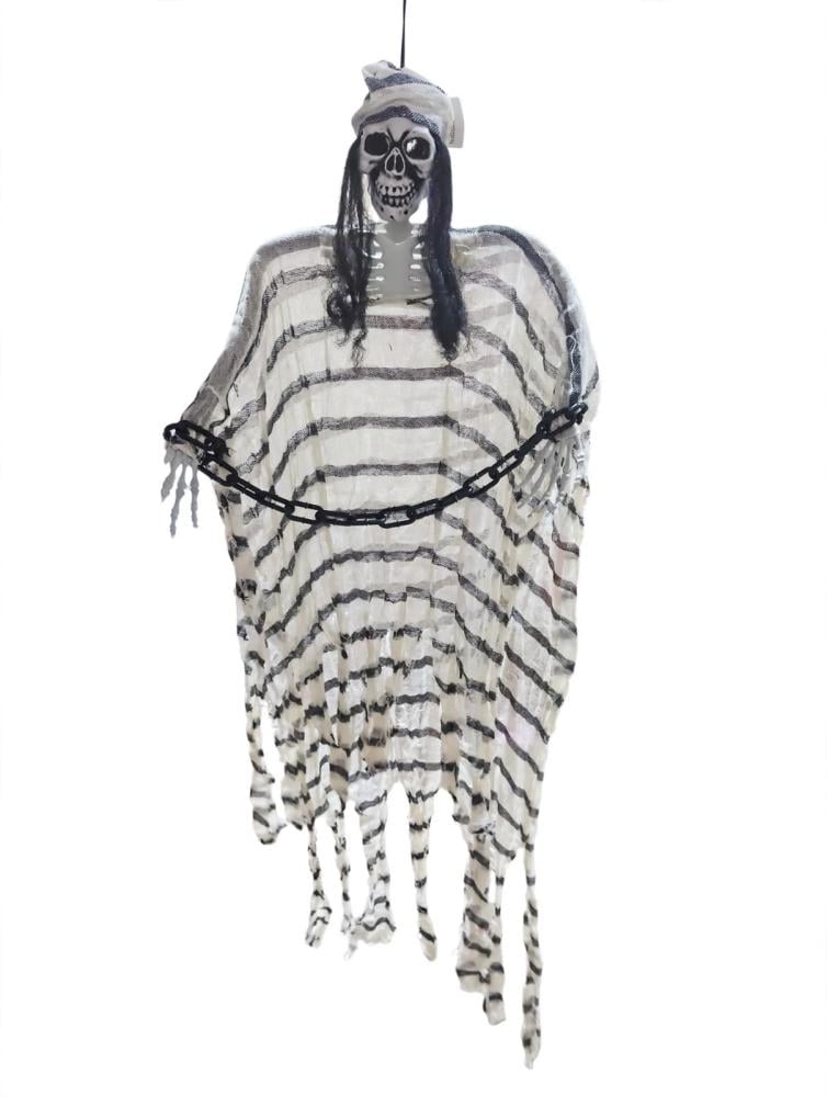Hanging Skeleton Figure in Striped Suit with Chains, Full Length