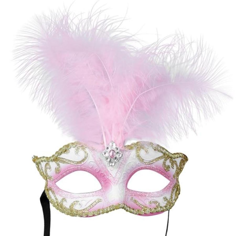 قناع تنكري مزين بالريش وردي Masquerade