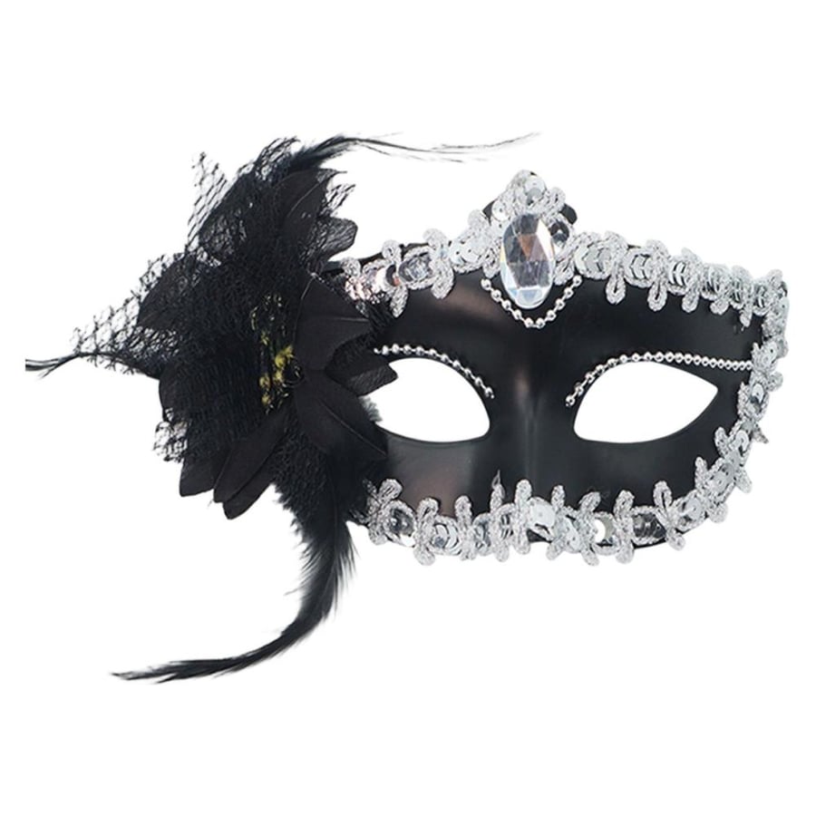 Black Eye Mask, Silver Lace Trim & Feather Flower