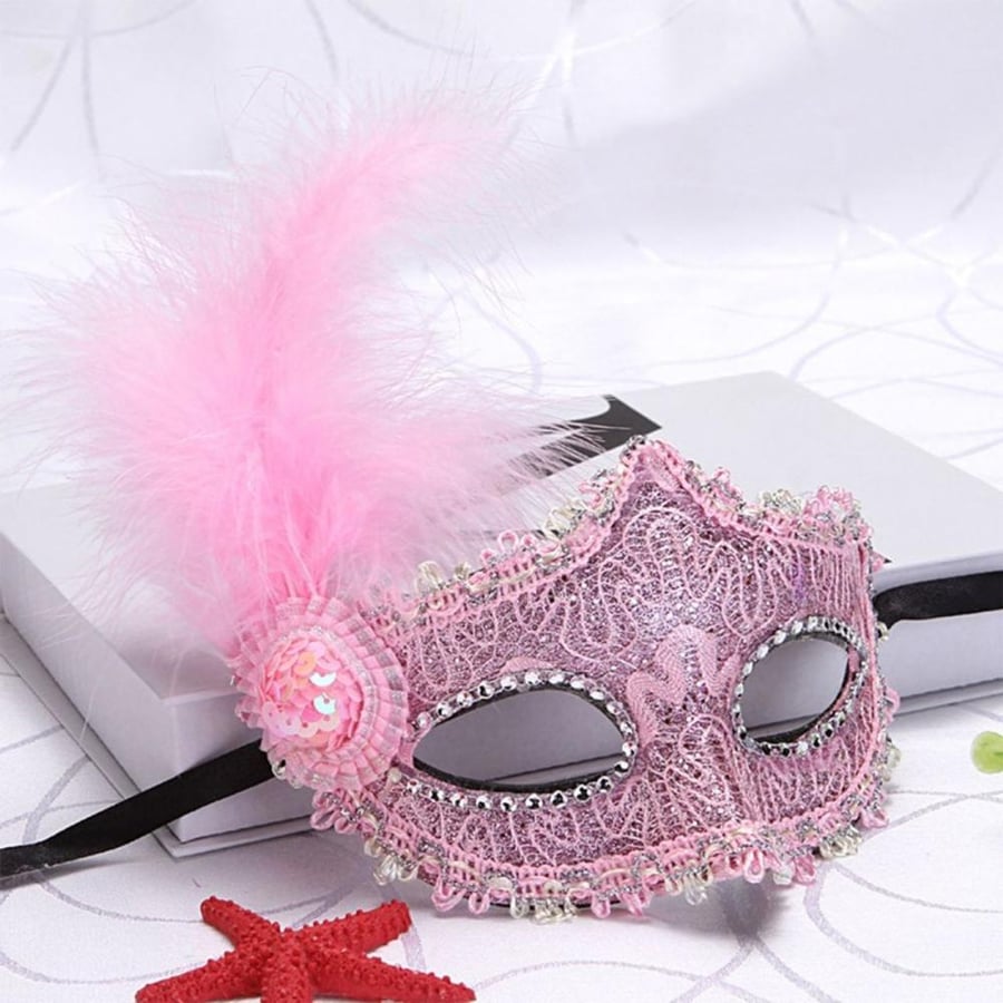 Lace Eye Mask, Pink with Feather Spray and Flower