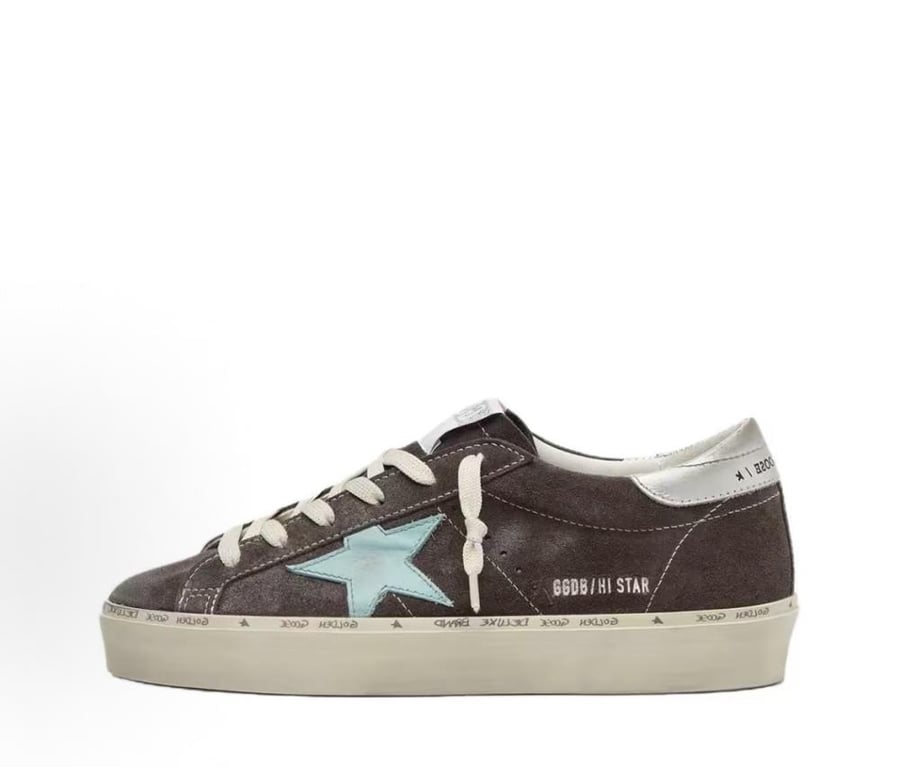 Golden Goose Hi Star in dark gray suede with aqua green star