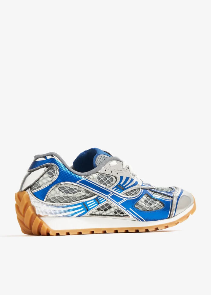 BOTTEGA VENETA Orbit metallic rubber, mesh and fishnet sneakers