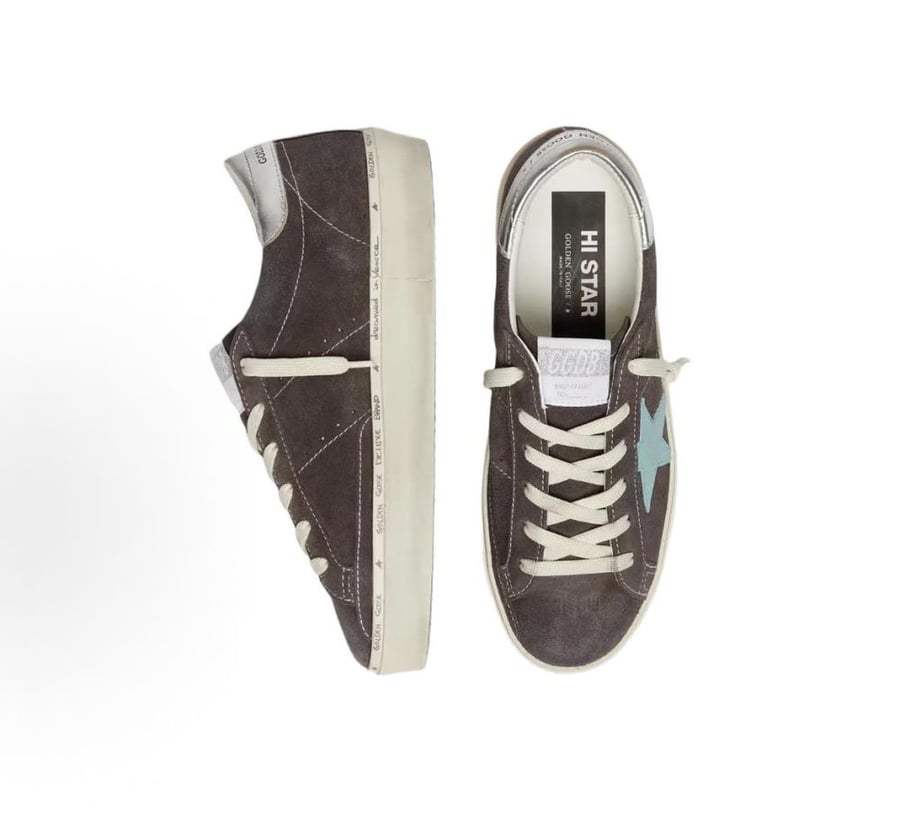Golden Goose Hi Star in dark gray suede with aqua green star