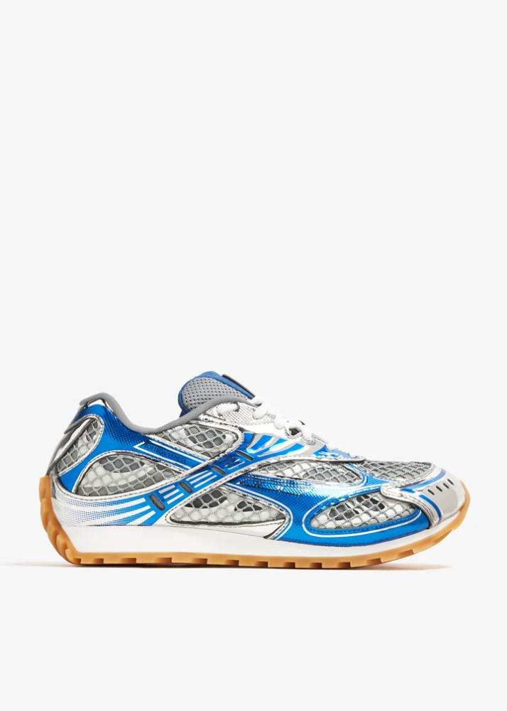BOTTEGA VENETA Orbit metallic rubber, mesh and fishnet sneakers