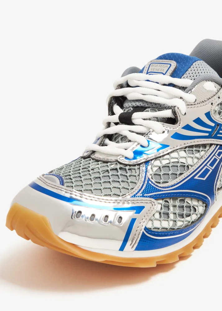 BOTTEGA VENETA Orbit metallic rubber, mesh and fishnet sneakers