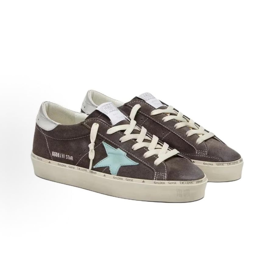 Golden Goose Hi Star in dark gray suede with aqua green star