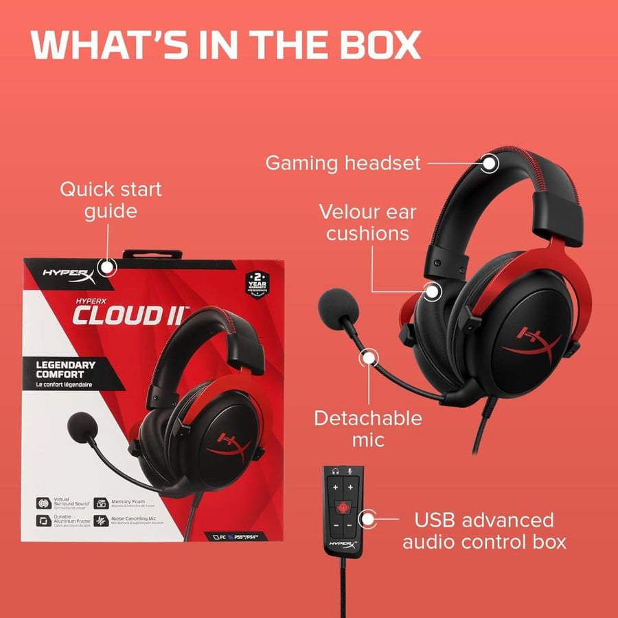 سماعة الألعاب الأسطورية HyperX Cloud II – صوت محيطي 7.1، إطار ألمنيوم صلب، وراحة فائقة للمحترفين