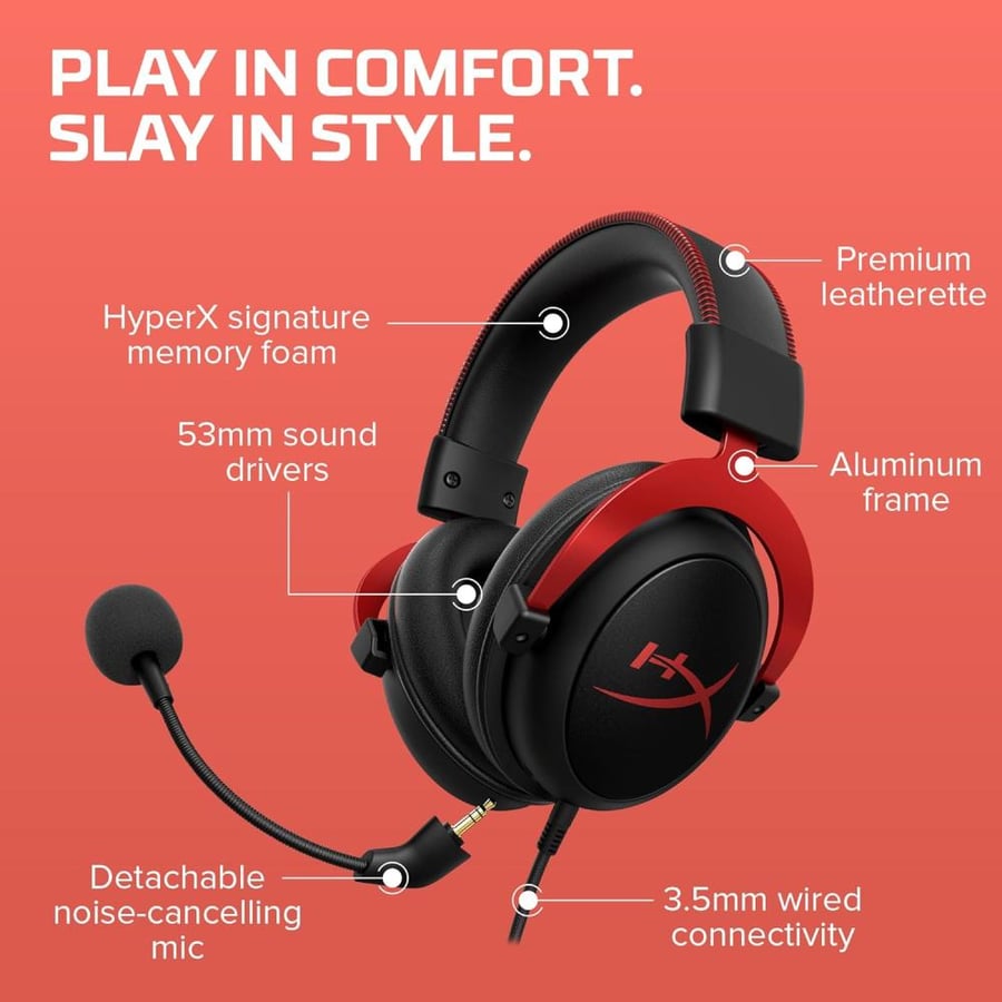 سماعة الألعاب الأسطورية HyperX Cloud II – صوت محيطي 7.1، إطار ألمنيوم صلب، وراحة فائقة للمحترفين