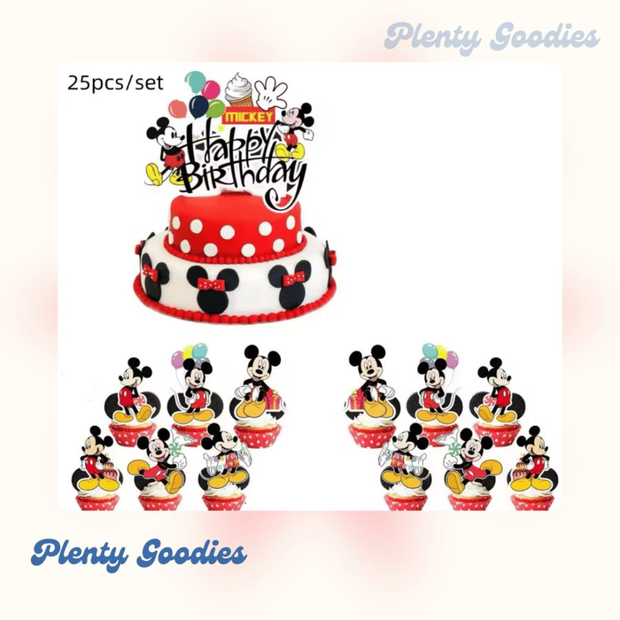 ١ قطعة تغريسة الكيك + ٢٤ تغريسة كب كيك  " ميكي ماوس " 1pcs Mickey Mouse Cake topper + 24 cupcakes topper