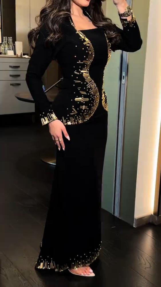 فستان سهره أسود بتطريز ذهبي