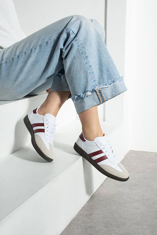 l lugshoes ayakkabı حذاء رياضي أبيض بورجوندي للجنسين للنساء والرجال ذو نعل مريح وشريط مخطط للاستخدام اليومي Sm03