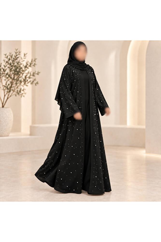 Generic Brand عباءة نسائية سوداء مزدوجة الطبقات مفتوحة من الأمام مزينة باللؤلؤ والأحجار الكريستالية، تشمل حجابًا