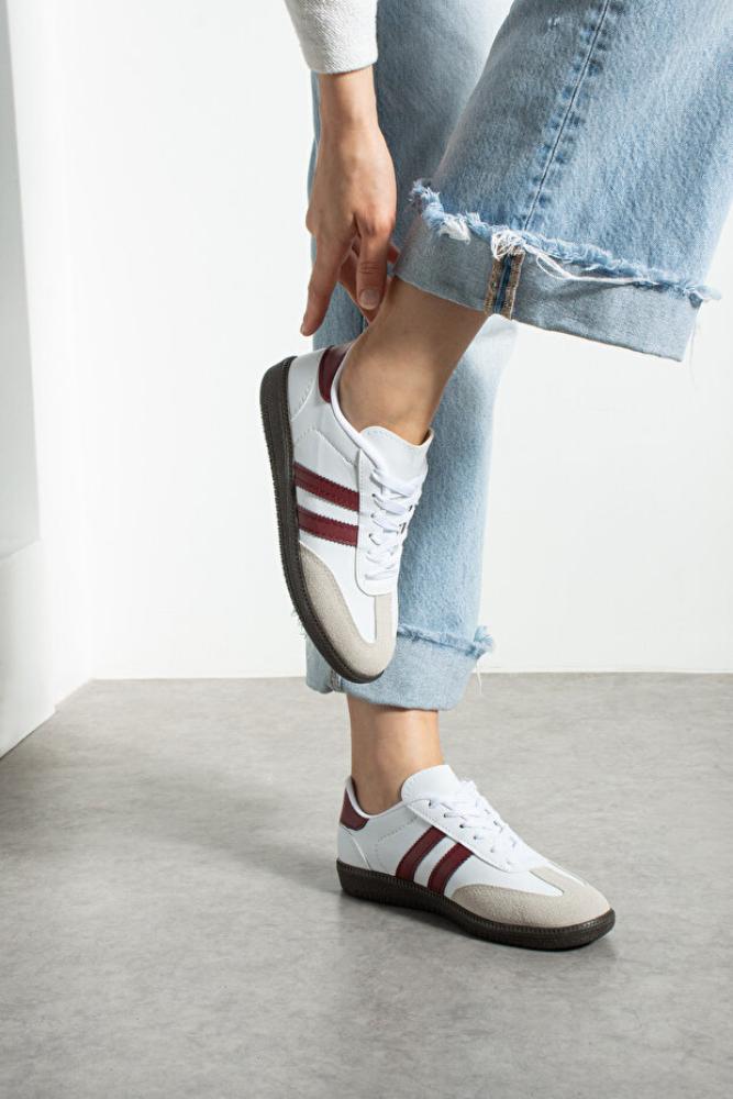 l lugshoes ayakkabı حذاء رياضي أبيض بورجوندي للجنسين للنساء والرجال ذو نعل مريح وشريط مخطط للاستخدام اليومي Sm03