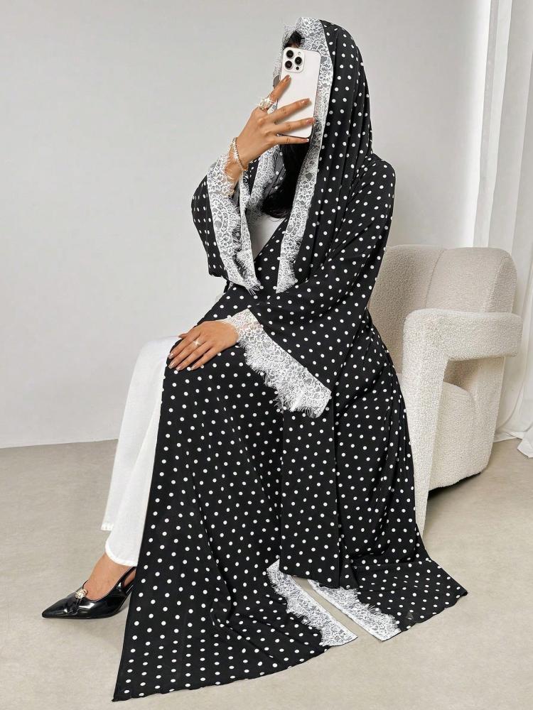 عباية نسائية بطبعة نقاط مع حافة دانتيل ووشاح، كيمونو كاجوال، عباية طويلة وجلابية، ملابس عيد ميلاد، ملابس حفلة زفاف باللون الأسود، موضة محتشمة للخريف