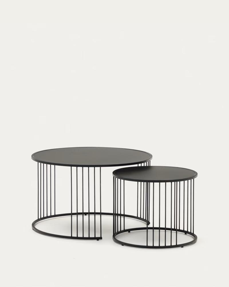 Hadar Glass & Metal Round Coffee Table Set, Black