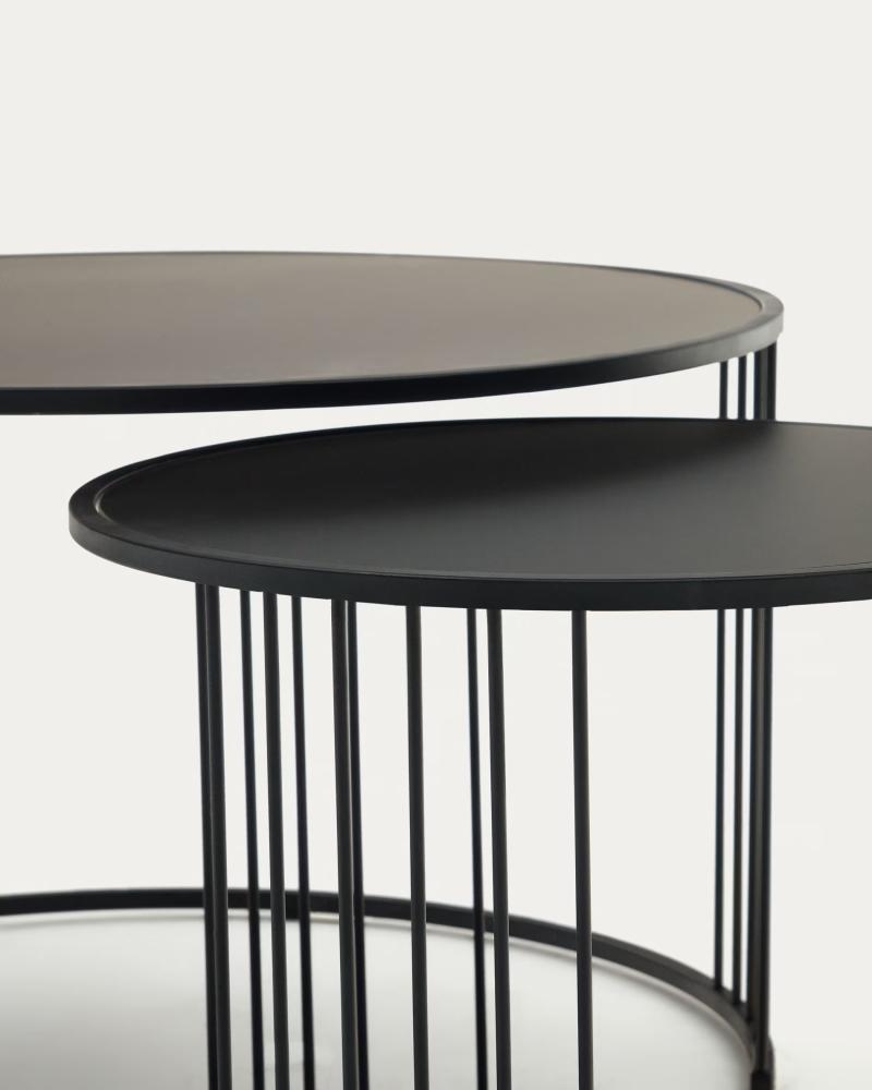 Hadar Glass & Metal Round Coffee Table Set, Black