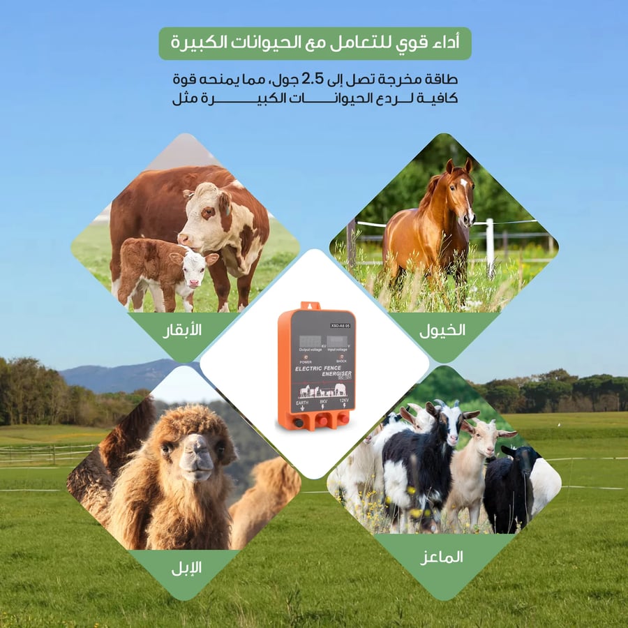 جهاز سياج كهربائي للمواشي 2.5 جول بمدى يصل 10 كم مع شاشة LCD يعمل ببطارية 12 فولت | متجر الجيل الأخضر