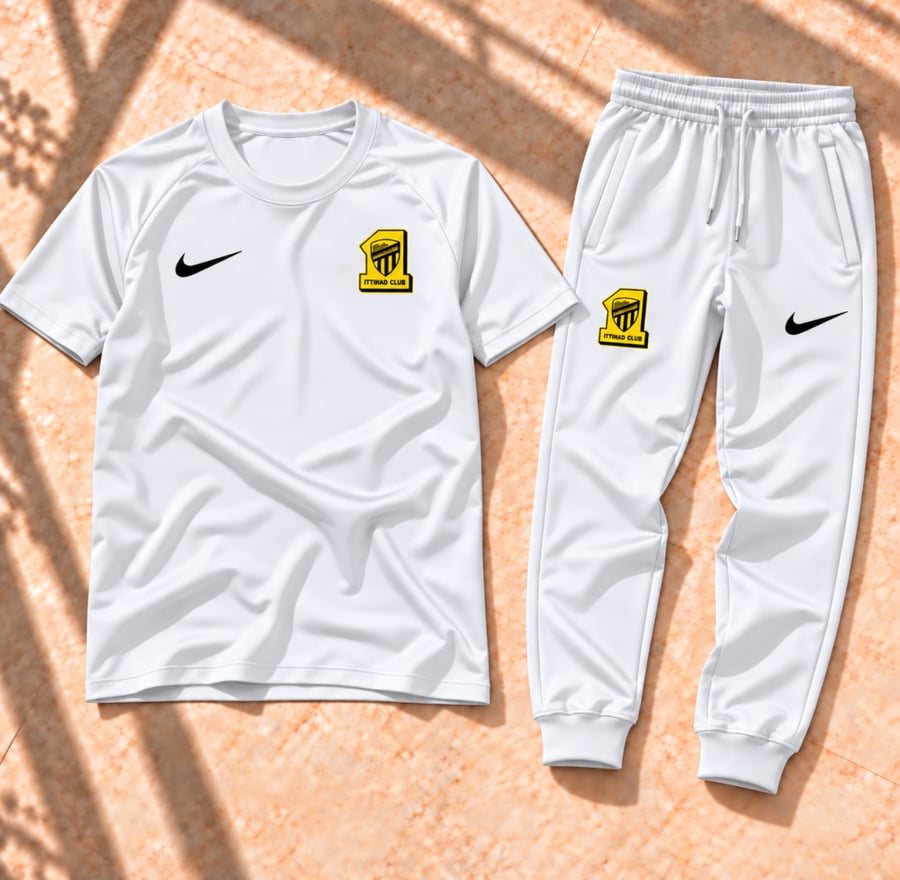 طقم الاتحاد تيشرت  مع بنطلون باللون الابيض