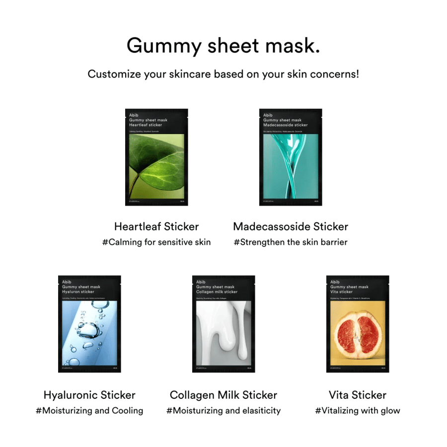اقنعة الوجه الورقية  بخمسة أنواع مختلفة من ابيب  Abib *renewal* Gummy Sheet Mask Sticker (5 Types)